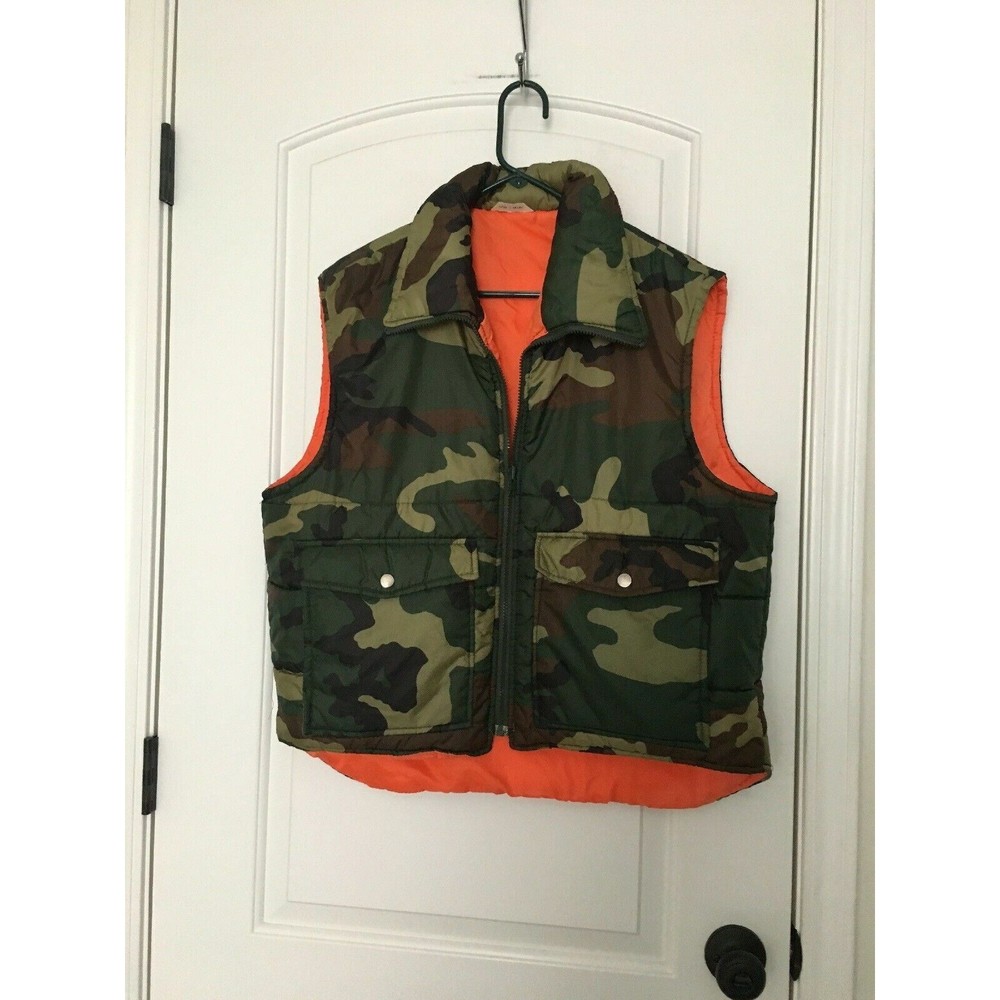 Vintage Men's Camo/Orange Reversible Vest Jacket Safety Zone Blaze Size Large